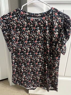 Floral Print Puff Sleeve Top - Black / Pink